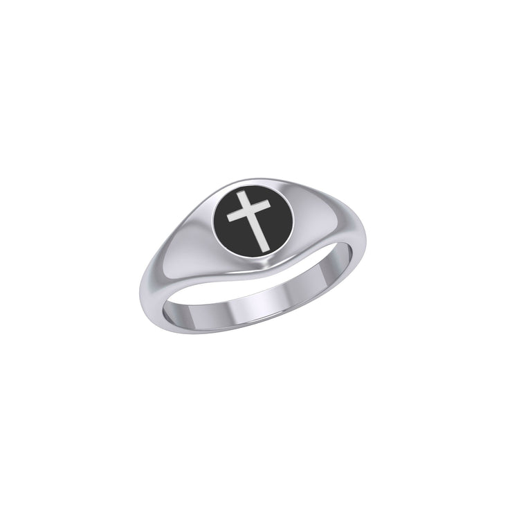 Spiritual Elegance Sterling Silver Faith Cross Women Ring with Black Accent by Peter Stone Jewelry TRI2474