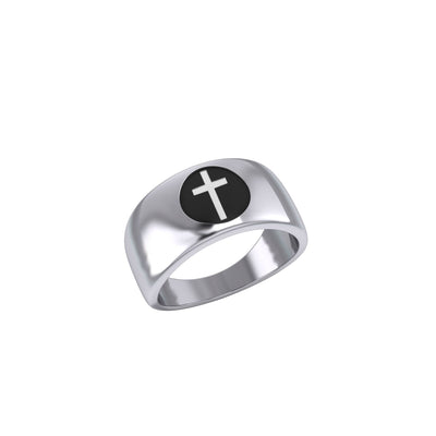 Spiritual Elegance Sterling Silver Faith Cross Men Band Ring with Black Accent by Peter Stone Jewelry TRI2475