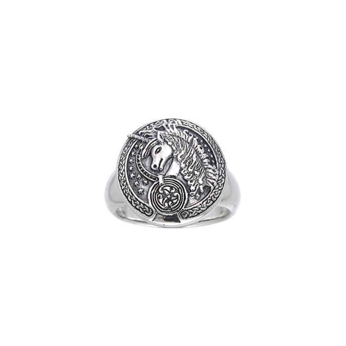 Engraved Celtic Unicorn Silver Ring TRI249