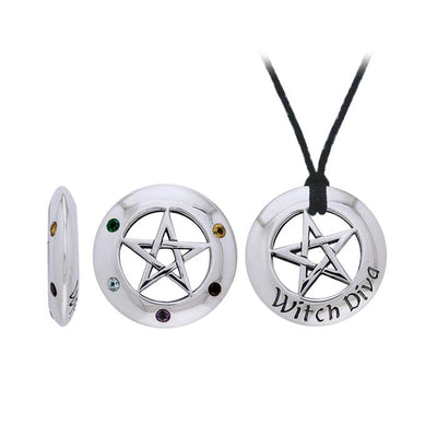 Witch Diva Pentacle with Gemstones Silver Pendant Set TSE430