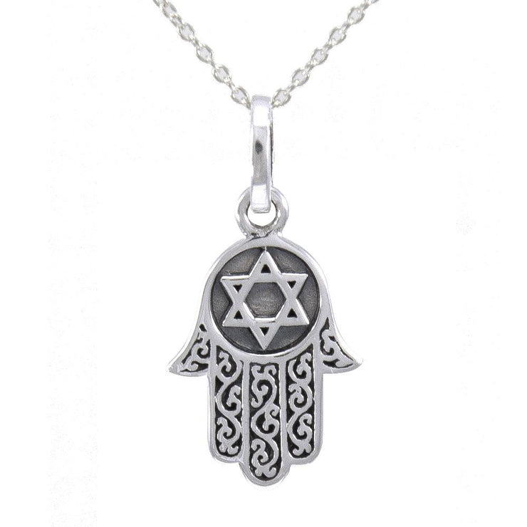 Embrace Sacred Protection: Silver Hamsa with Star of David Pendant and Chain Set - TSE682 | Find Peace and Harmony