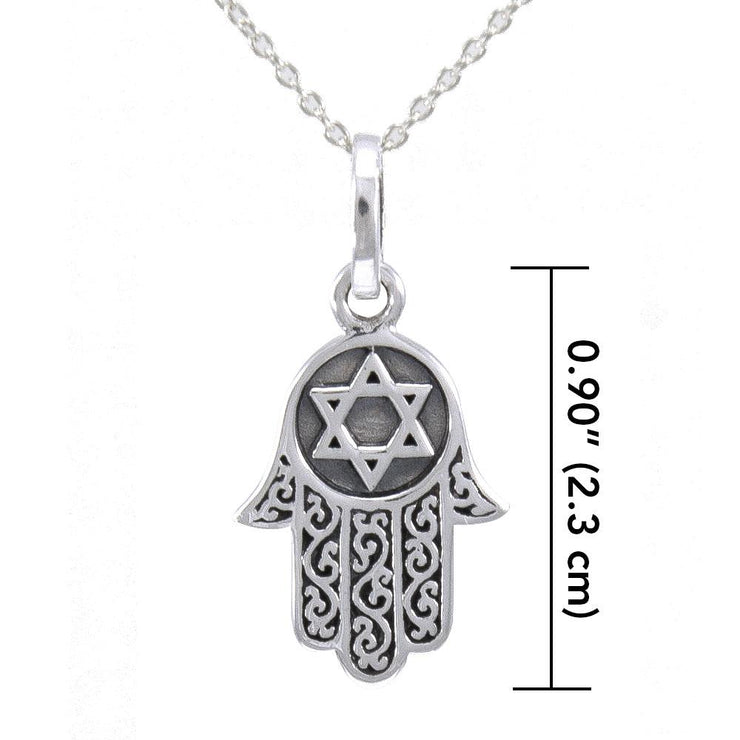 Embrace Sacred Protection: Silver Hamsa with Star of David Pendant and Chain Set - TSE682 | Find Peace and Harmony