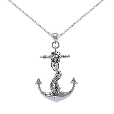 Large Silver Mermaid and Anchor Pendant and Chain Set TSE743