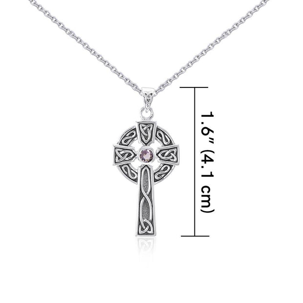Large Silver Celtic Cross Gemstone Pendant and Chain Set TSE752