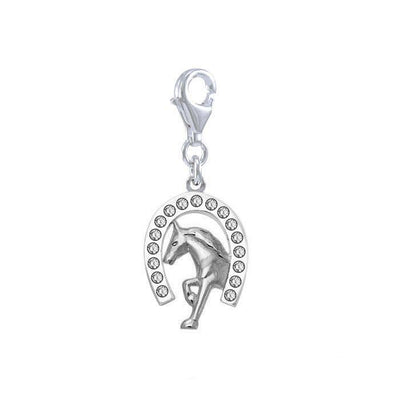 Horseshoe and Running Horse with Gems Silver Clip Charm TWC164 - Wholesale Jewelry