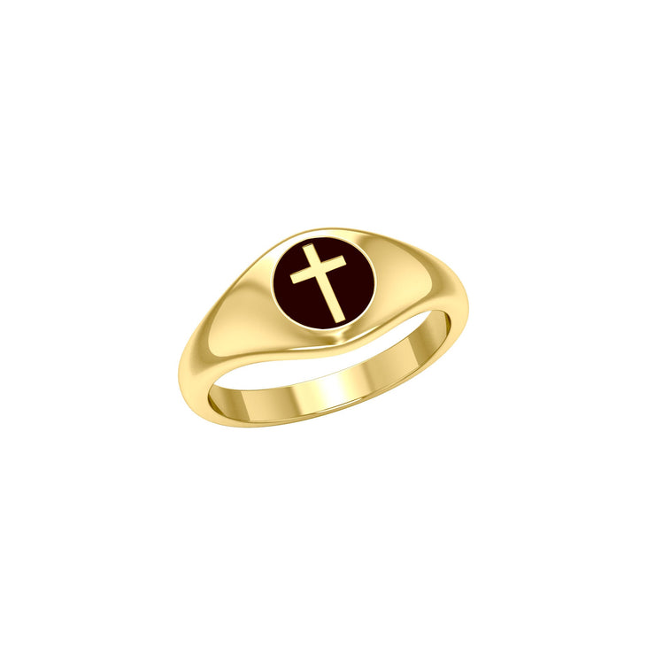 Spiritual Elegance Sterling Silver With 14K Vermeil Plate Faith Cross Women Ring with Black Accent by Peter Stone Jewelry VRI2474