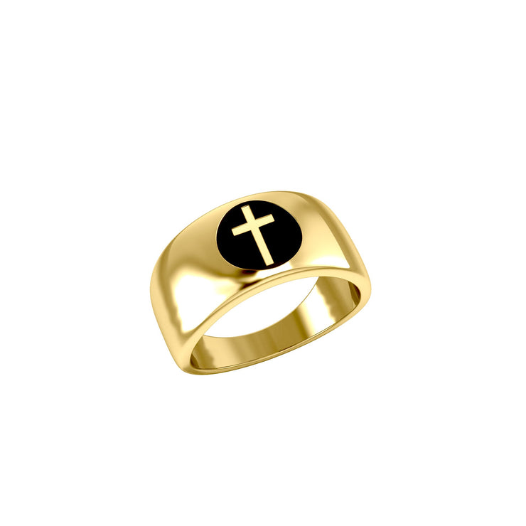 Spiritual Elegance Sterling Silver With 14K Vermeil Plate Faith Cross Men Band Ring with Black Accent by Peter Stone Jewelry VRI2475