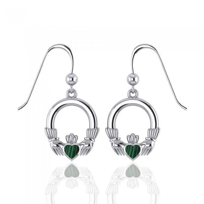 Irish Claddagh with Malachite Inlay Sterling Silver Earrings WE142