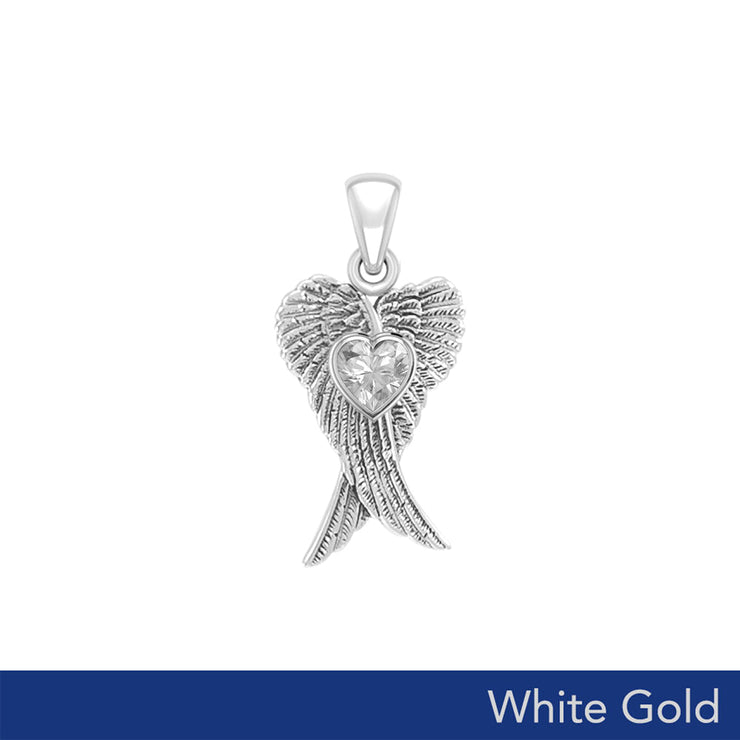 Heart Gemstone and Double Angel Wings White Gold Pendant WPD5229