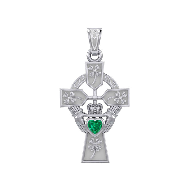 Claddagh Celtic Cross with Lucky Four Leaf Clover 14K White Gold Pendant WPD5359