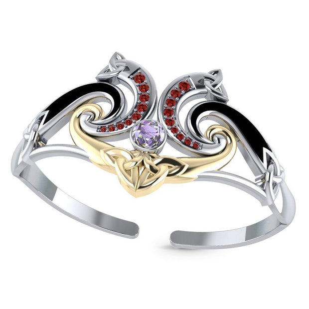 A showcase of Celtic elegance ~ Sterling Silver Celtic Triquetra Bangle with 14k Gold Accent and Gemstone MBA049