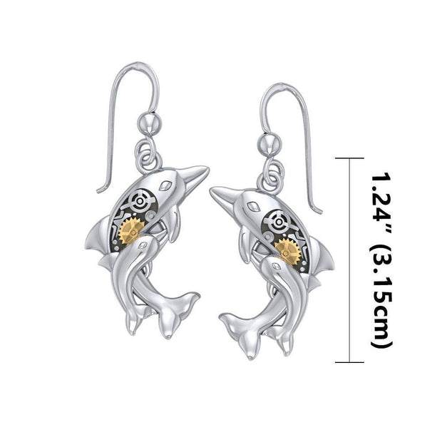 Concerted happiness with the twin dolphins ~ Sterling Silver Steampunk Hook Earrings with 14k Gold accent  MER1375 Earrings
