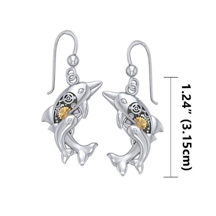 Concerted happiness with the twin dolphins ~ Sterling Silver Steampunk Hook Earrings with 14k Gold accent MER1375