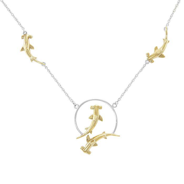 Quadruple Hammerhead Shark Sterling Silver and 14K Gold Accent Necklace MNC296