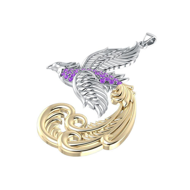 Multifaceted and Alighting Phoenix ~ Sterling Silver Jewelry Pendant with 14k Gold and Gems Accents MPD2917