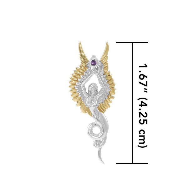 Captured by the Grace of the Angel Phoenix ~ Silver and 18K Gold Accent Jewelry Pendant with Amethyst MPD3266