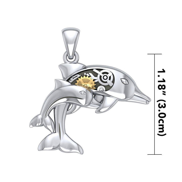 Gentle dolphins in steampunk ~ Sterling Silver Jewelry Pendant with 14k Gold Accent MPD3929