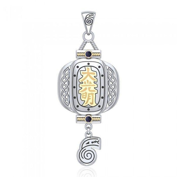 The Reiki Japanese Lantern and Dangling Dai Ko Myo Symbol Silver and Gold Pendant with Gemstone MPD4927