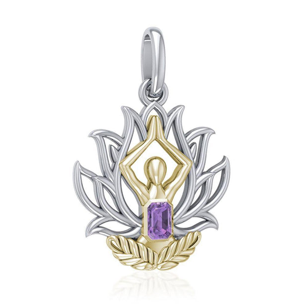 Yoga Lotus Position Silver and Gold Pendant with Gemstone MPD5024