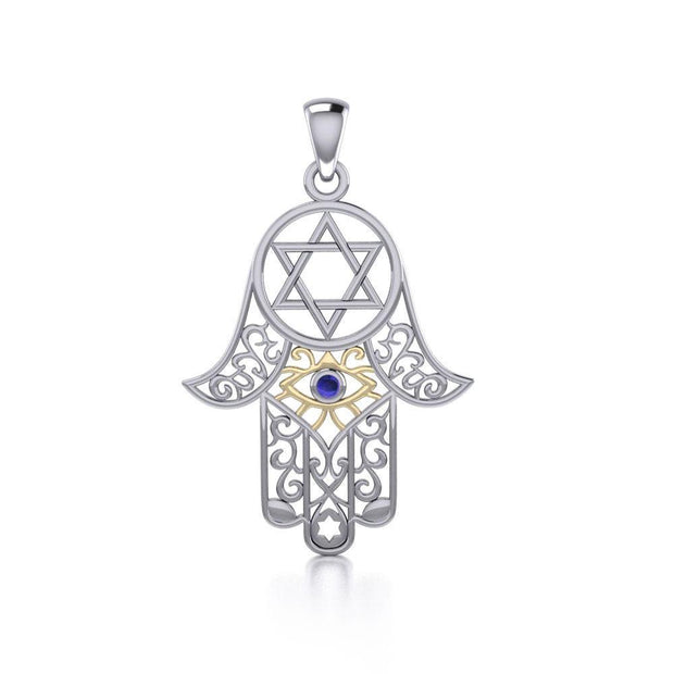 Hamsa Silver and Gold Pendant with Gemstone MPD5079-Sapphire Pendant