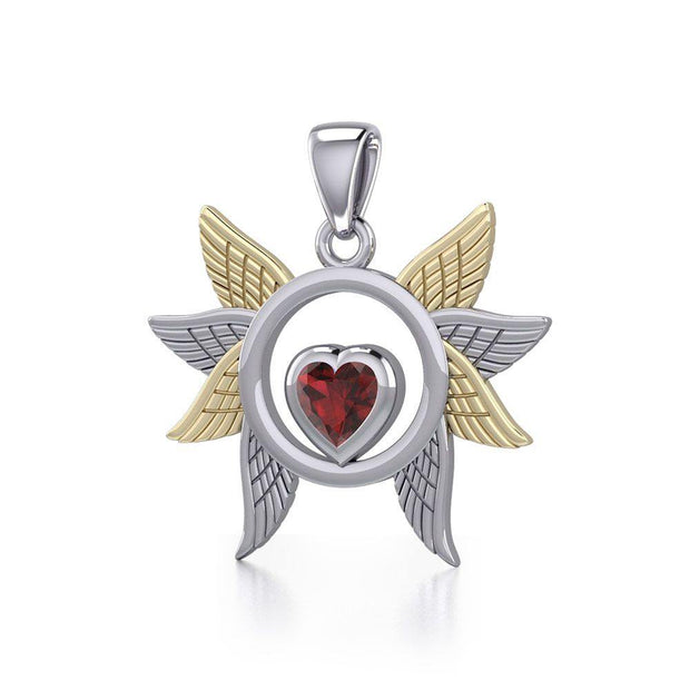 Spreading Angel Wings Silver and 14K Gold Plate Pendant with Gemstone MPD5289