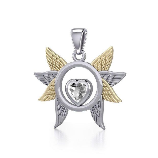 Spreading Angel Wings Silver and 14K Gold Plate Pendant with Gemstone MPD5289