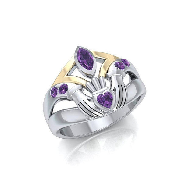 Express your love in amazing ways ~ Celtic Knotwork Claddagh Sterling Silver Ring with 18k Gold accent and Gemstones MRI274