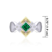 Adorned by the spiritual power of three ~ Celtic Trinity Knot Sterling Silver Ring with 18k Gold accent and Emerald and White Cubic Zirconia Gemstones MRI353