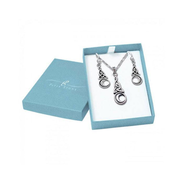 Celtic Knotwork Silver Triquetra with Crescent Moon Pendant Chain and Earrings Box Set SET002