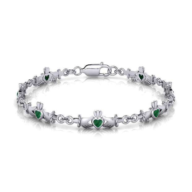 The gift of love, friendship, and loyalty for a lifetime ~ Celtic Knotwork Irish Claddagh Sterling Silver Link Bracelet with Gemstone TBG255