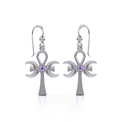 A breath of life ~ Sterling Silver Triple Goddess Ankh Hook Earrings with Gemstone TER1708