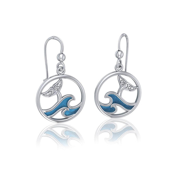 Sterling Silver Round Celtic Whale Tail Earrings with Enamel Wave TER1727