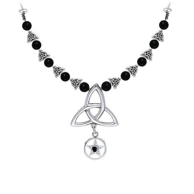 Celtic Knot Goddess Morrigan Pentagram Necklace TNC413P with Natural Black Obsidian