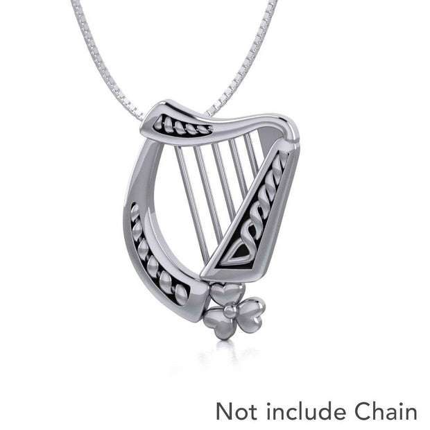 Hear the music of the Celtic Harp adorned with a Shamrock ~ Sterling Silver Pendant Jewelry  TP1125 Pendant