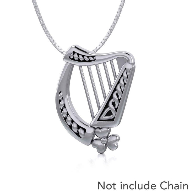 Hear the music of the Celtic Harp adorned with a Shamrock ~ Sterling Silver Pendant Jewelry TP1125