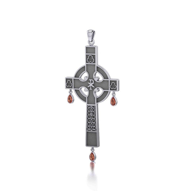 Medieval Celtic Cross Silver Pendant with Gemstones TP3257