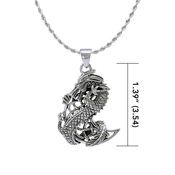 The Mythical Dragon Clutching Celtic Moon Sterling Silver Pendant Jewelry TP992
