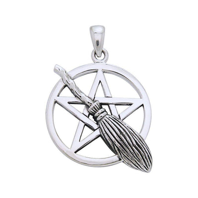 Broom on Pentagram Sterling Silver Pendant TPD3138