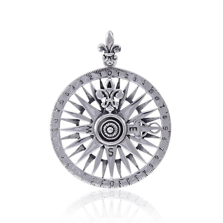 Fleur-de-Lis Sterling Silver Rose Compass Jewelry Pendant TPD4342