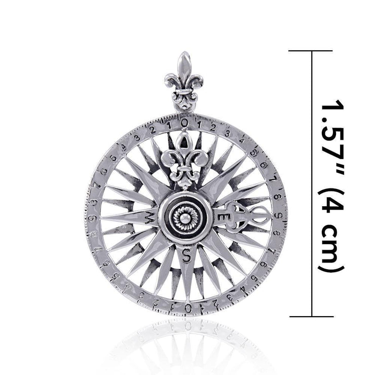 Fleur-de-Lis Sterling Silver Rose Compass Jewelry Pendant TPD4342