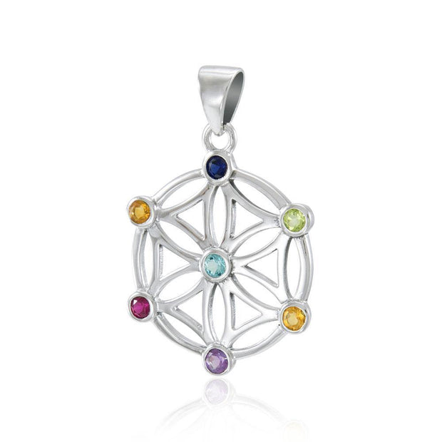Flower Of Life Silver Pendant with Chakra Gemstone TPD437