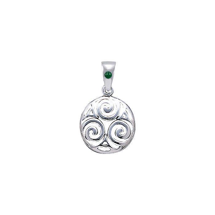 Never-ending Triskele ~ Sterling Silver Jewelry Pendant with Natural Green Agate Gemstone TPD4750