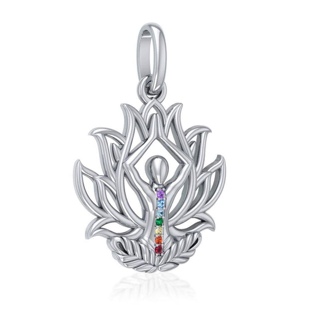Yoga Lotus Position Sterling Silver Pendant with Chakra Gemstone TPD5023 Pendant