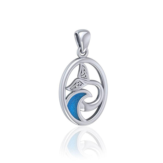 Sterling Silver Oval Celtic Whale Tail Pendant with Enamel Wave TPD5184