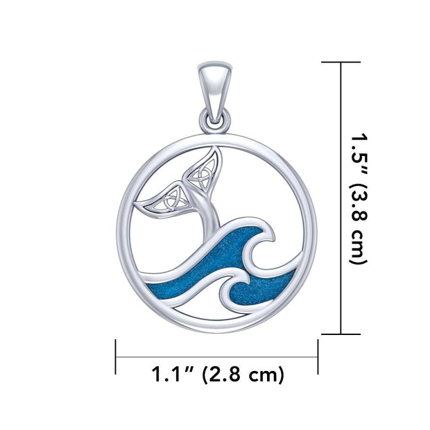 Sterling Silver Round Celtic Whale Tail Pendant with Enamel Wave TPD5185
