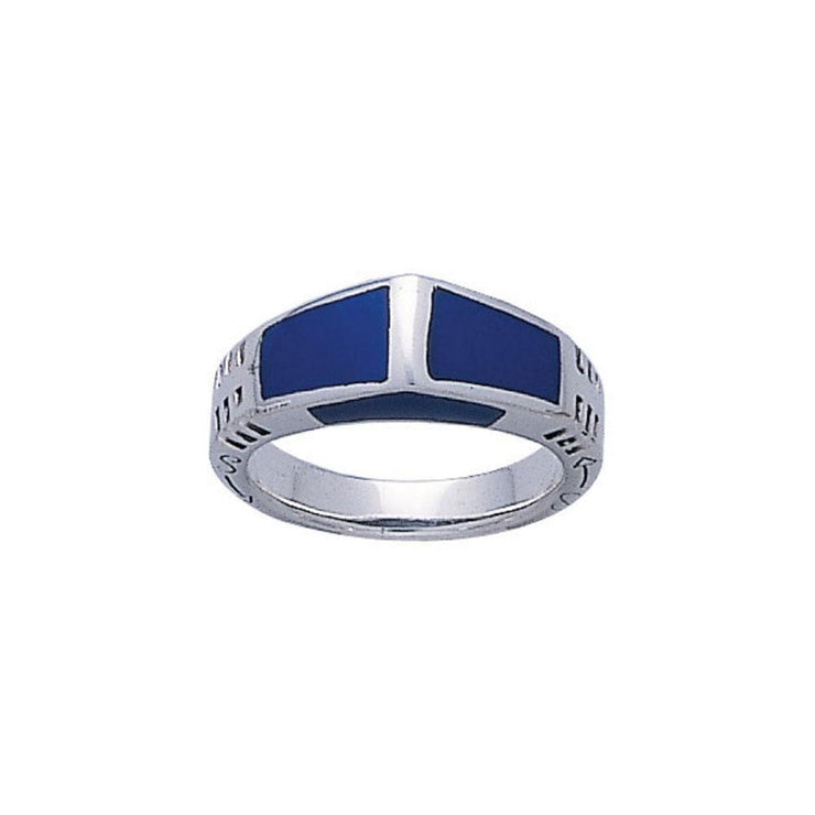 Modern Rectangle Inlaid Silver Ring with Side Motif TR3370