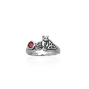 Our revered companion ~ Sterling Silver Jewelry Celtic Cat Ring with Gemstone TRI142
