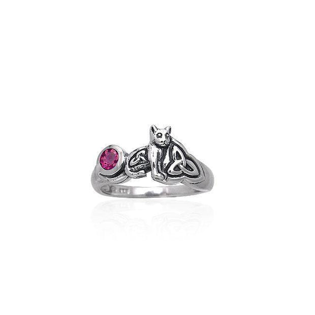 Our revered companion ~ Sterling Silver Jewelry Celtic Cat Ring with Gemstone TRI142