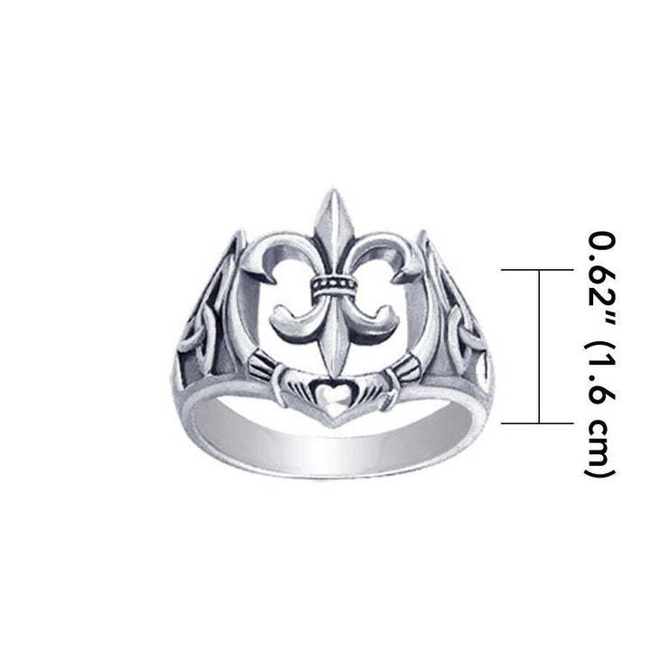 A powerful combination of Celtic elements ~ Sterling Silver Jewelry Ring in Fleur-de-Lis and Claddagh TRI172