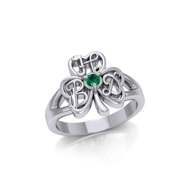 HBD Happy Birthday Monogramming Shamrock Clover Silver Gemstone Ring TRI1751 Ring